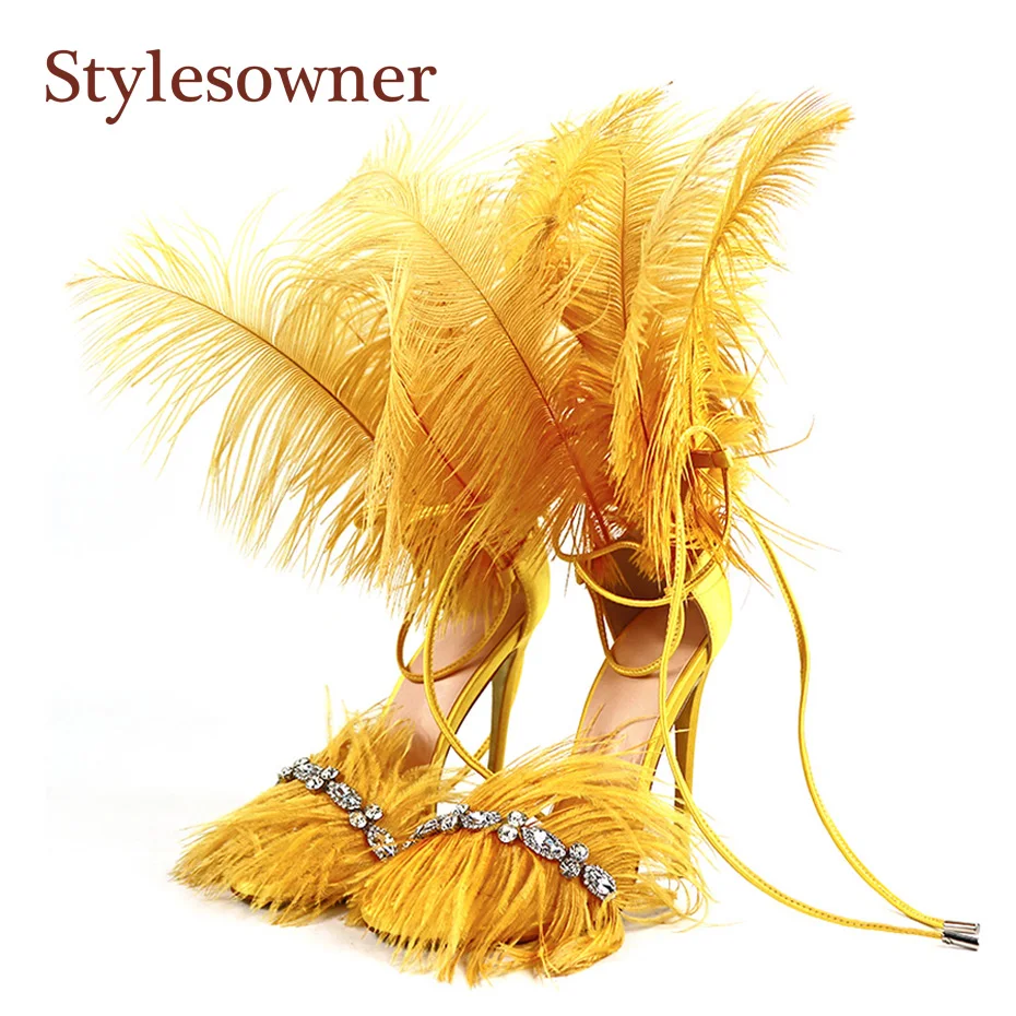 Stylesowner сандалии, украшенные перьями для женщин, стразы, бахрома, открытый носок, тонкий каблук, сексуальные туфли на шпильке, вечерние туфли для подиума, Sapatos