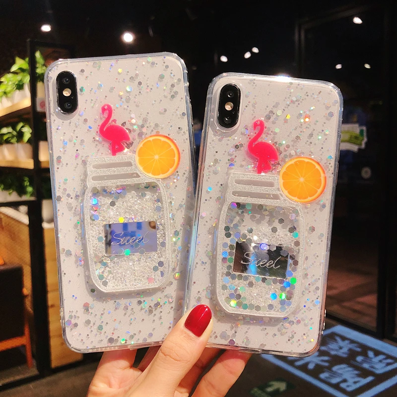 Cute Glitter Bling Transparent Liquid Flamingo Phone Case for iPhone 6 6s 7 8 Plus Glossy Soft For X XS Max XR Cover | Мобильные