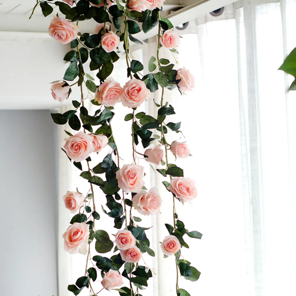 

180cm Artificial Rose Flower Vine Wedding Decorative Real Touch Silk Flowers With Green Leaves for Home Hanging Garland Decor