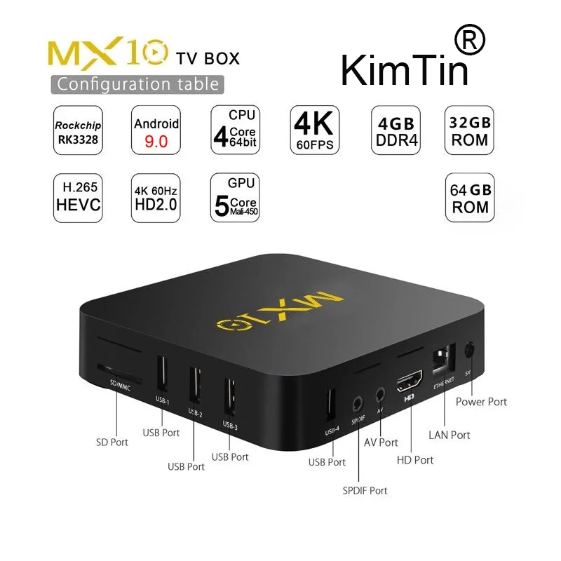 ТВ приставка KimTin MX10 ОЗУ 4 Гб ПЗУ 32 ГБ четырехъядерный процессор RK3328 64 бит Android 9 0 4K 3D