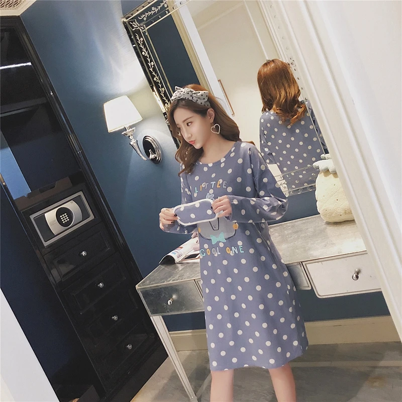 2018 Autumn 100% Cotton Polka Dot Dress Nightgown for Women Long Sleeve Nightdress Cute Girls cartoon Night Home Sleepwear | Женская