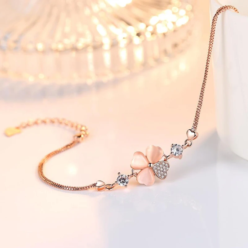 KOFSAC New Fashion 925 Silver Bracelets For Women Luxury Crystal CZ Sweet Love Heart Four Clover Bangle Valentine's Day Jewelry |
