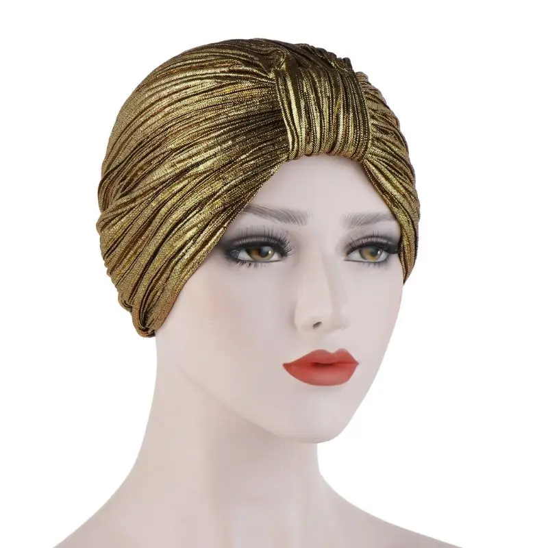 

Womens Wrinkled Knotted Turban Hat Rave Hologram Shimmer Solid Color India Muslim Chemo Cap Stretch Hair Loss Beanie Head Wrap