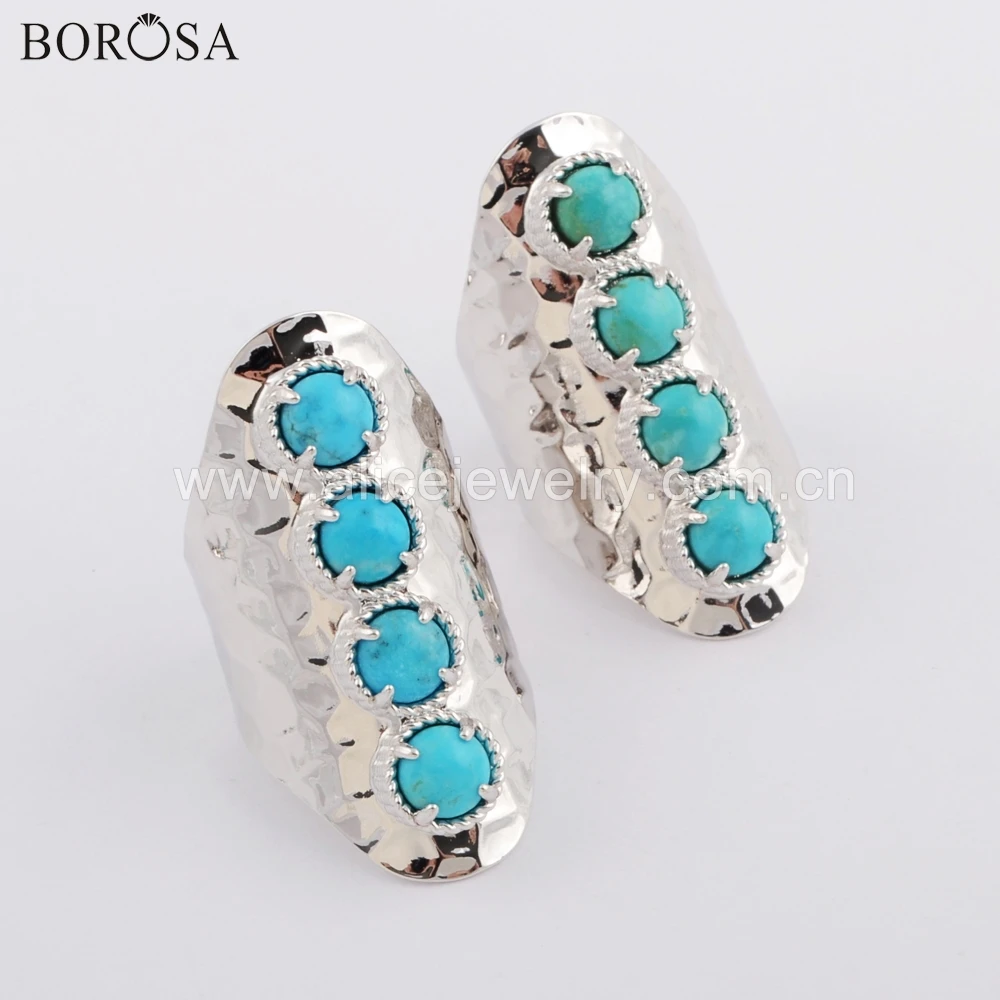 

BOROSA 5PCS Elegant Silver Color Round 6mm Four Natural Turquoises Stone Claw Band Ring Jewelry for Lady ZS0337