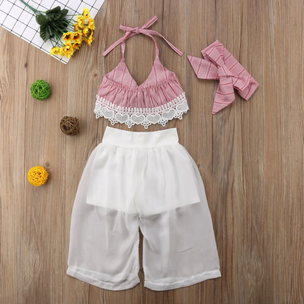Baby Girl Outfits Set Bow Lace Halter Striped Tops+Tulle Pant Headband Big Kids Summer Clothes Girls meisjes kleding 2 jaar | Мать и
