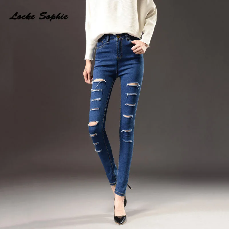 Женские джинсы карандаш с высокой талией облегающие из хлопка прорезями женские