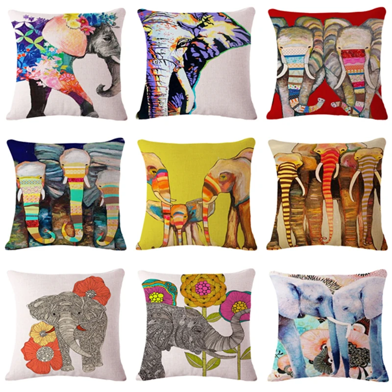 

New Pillowcase Loving Elephant Animals Cushion Cover Woven Line Chair Seat Printed 18x18inches Throw Decorative Pillows Covers