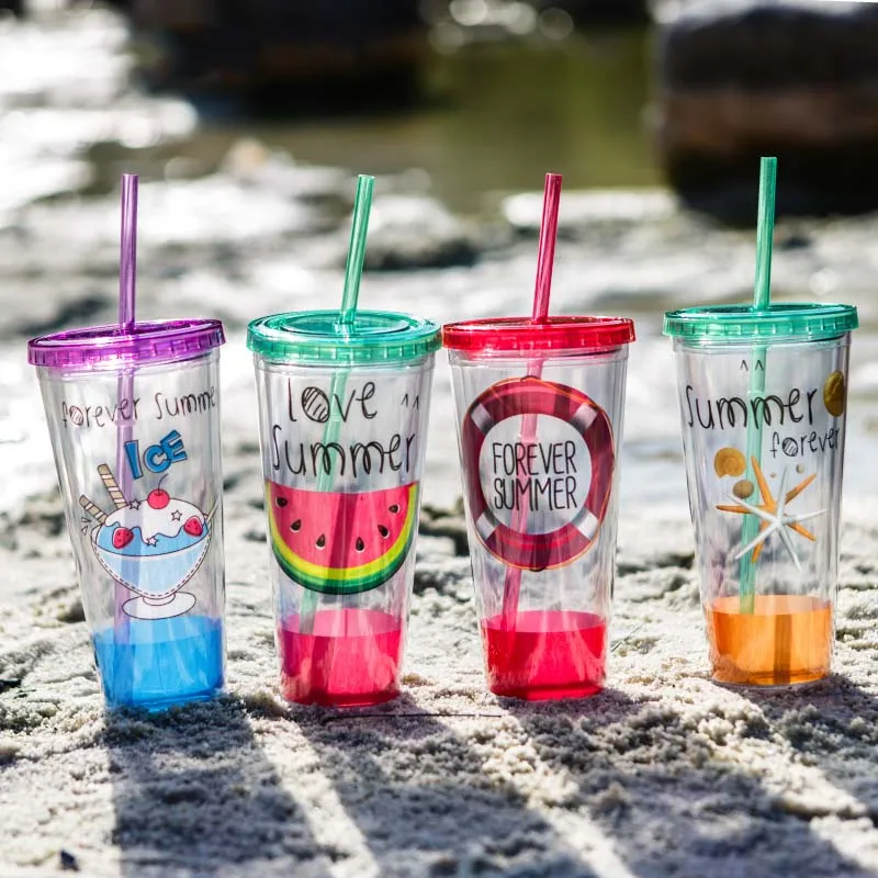 Модная двухслойная пластиковая бутылка для воды с соломинкой без бисфенола А