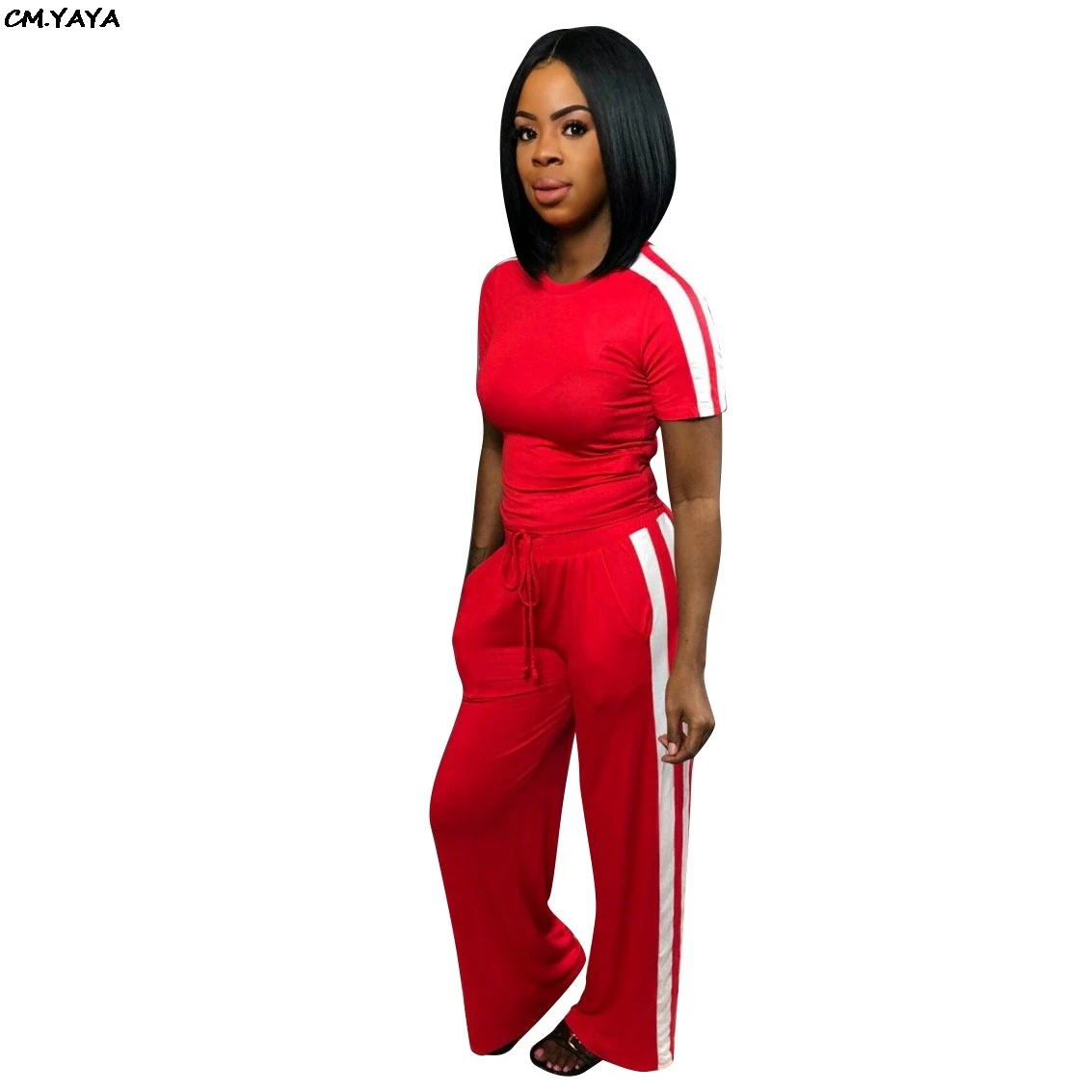 2019 женский спортивный костюм Новый в полоску с коротким рукавом круглым вырезом