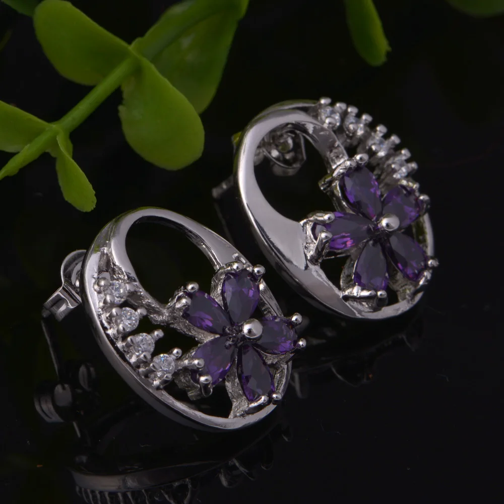Wedding Nice Plating Jewelry Set for Women Purple Petal Shape Crystal Earrings/Rings Accessories Sets Ring with Size 6- 9 | Украшения и