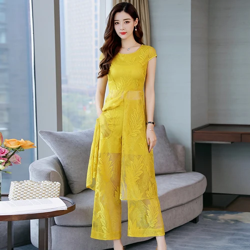 Кружевной комплект из двух предметов прозрачные элегантные широкие брюки