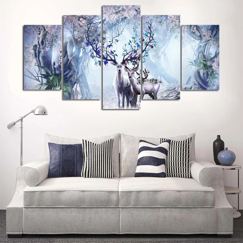 Wall Art Canvas Painting Frame HD Print 5 Pieces dream field Forest Landscape Animal Deers Poster Living Room Home Decor Picture | Дом и сад