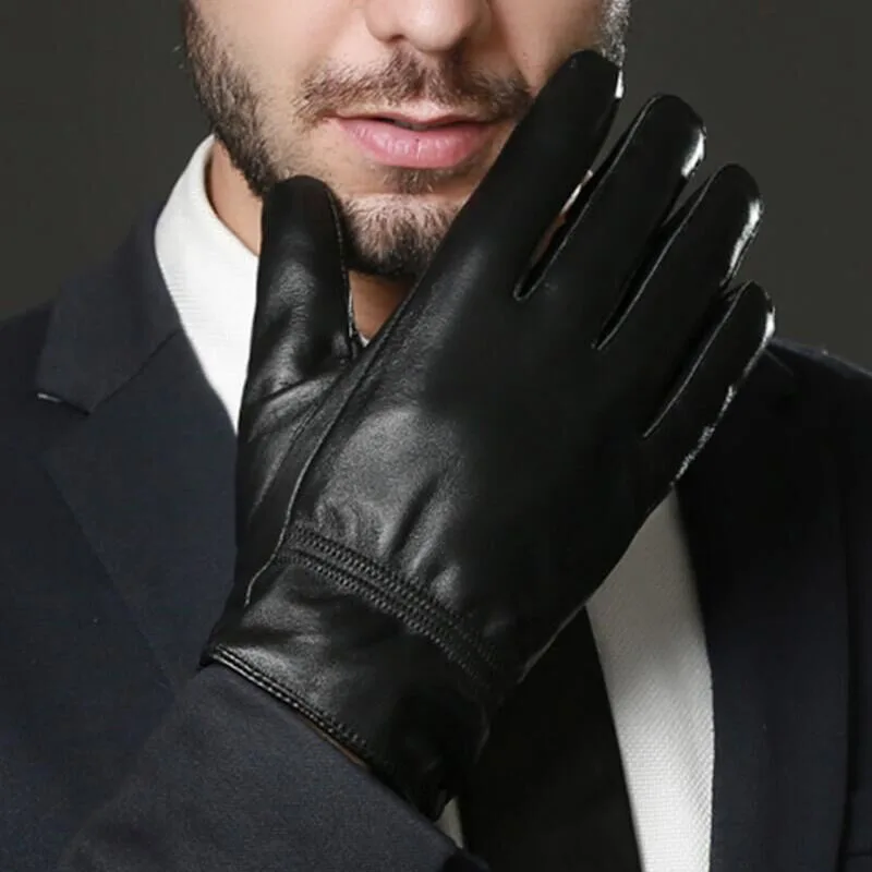 Мужские кожаные перчатки зимние плотные теплые черные классические