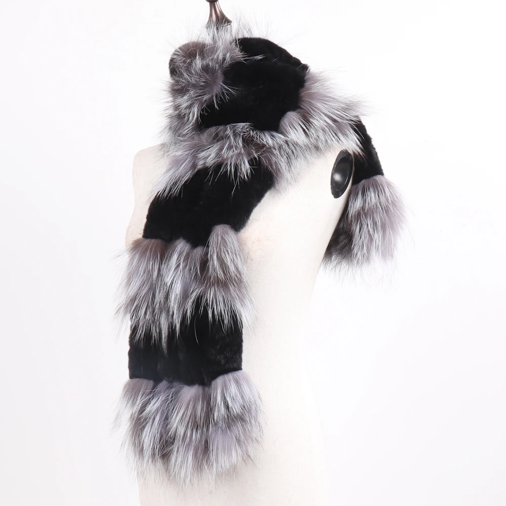 Hot Sale Women Fashion Real Silver Fox Fur Scarf Natural Warm Rex Rabbit Fur Muffler Lady Winter Genuine Fur Scarves