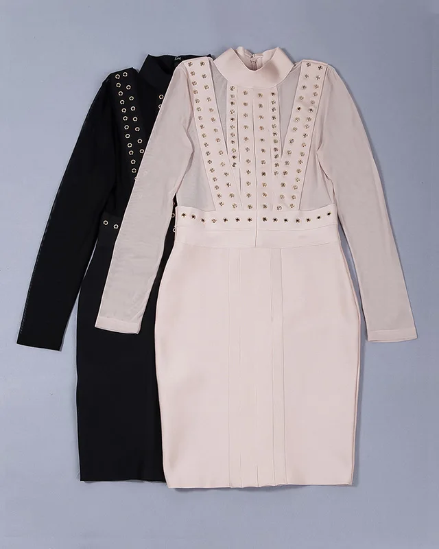 

black long sleeve studded 2020 top quality hot fashion rayon mini bandage dress