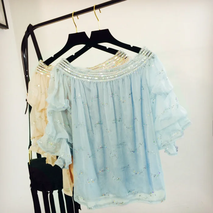 new embroidery sequins word han edition loose fairy dew shoulder chiffon unlined upper garment lantern sleeve blouse |