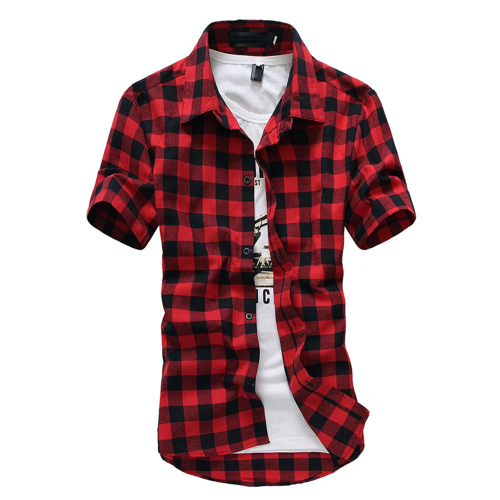 Красный Клетчатая рубашка с рисунком blusa masculina, мужская рубашка с коротким рукавом, большой размер, удобные повседневные мужские рубашки, camisa masculina - Цвет: Красный