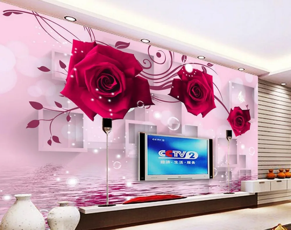 3d обои цветок красная роза отражение росписи для ТВ Декорации стен|3d wall paper|wall