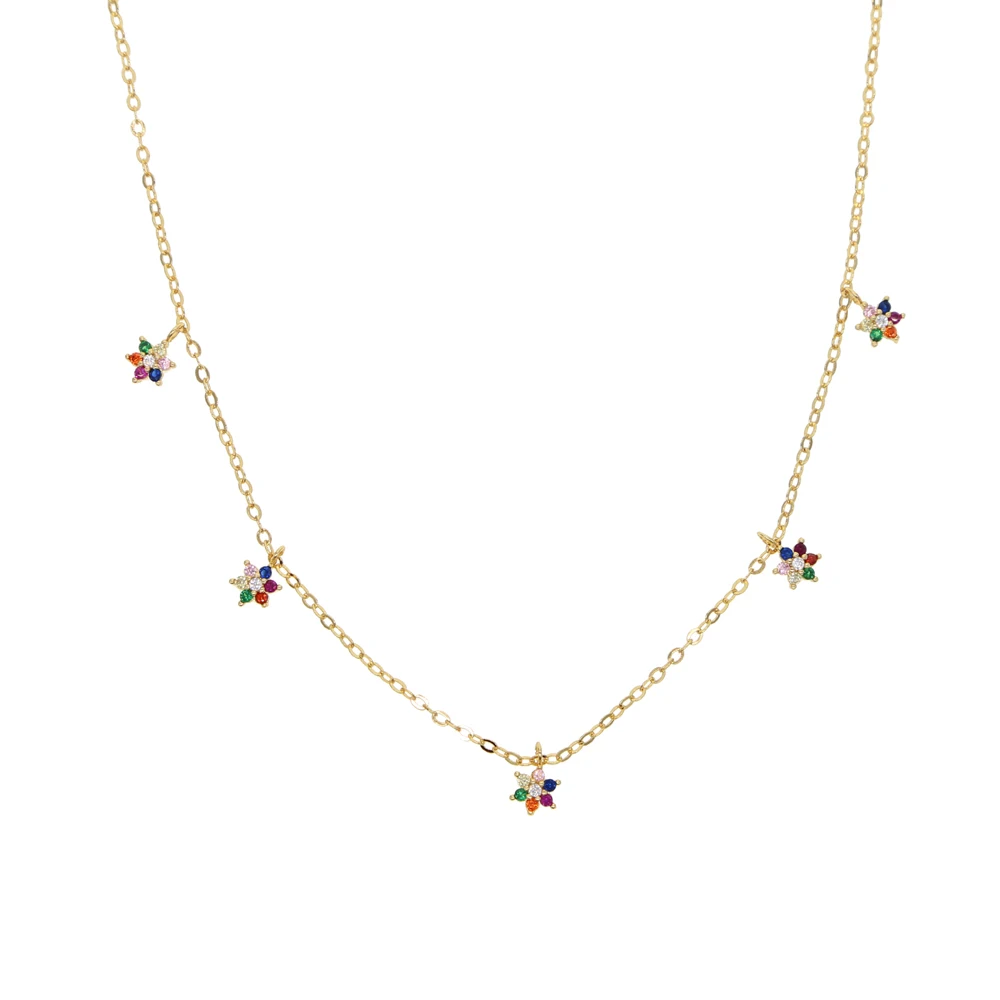 

Multi color rainbow cz paved minimal flower necklace gold tiny link chain for women wedding delicate gorgeous necklace