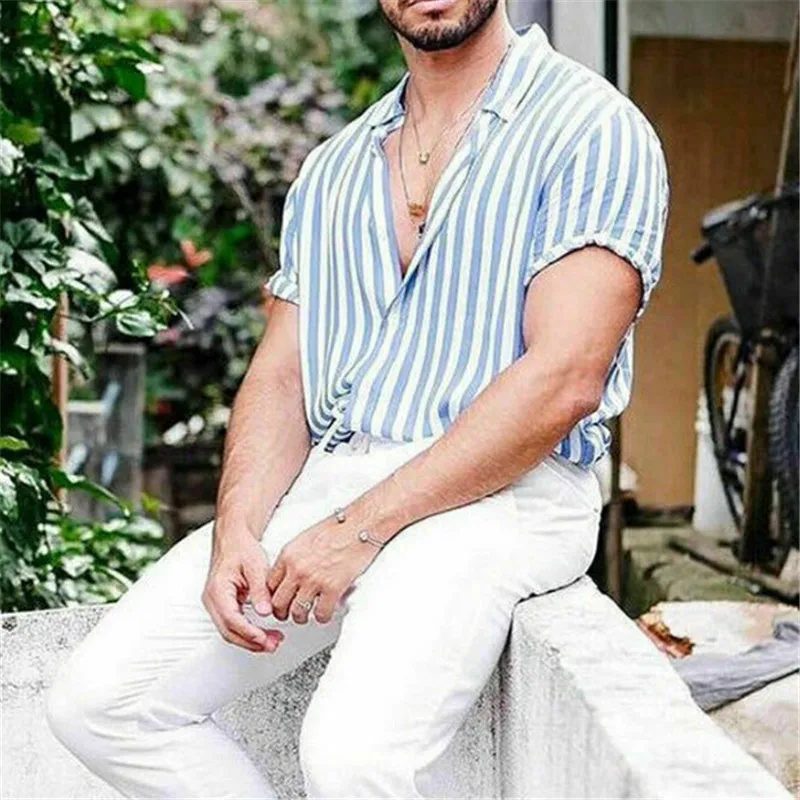 

Summer Men's Beach Shirt Male Casual Short Sleeve Striped Printing Large Size M-2XL Casual Shirts Camisa Masculina Top Blouse