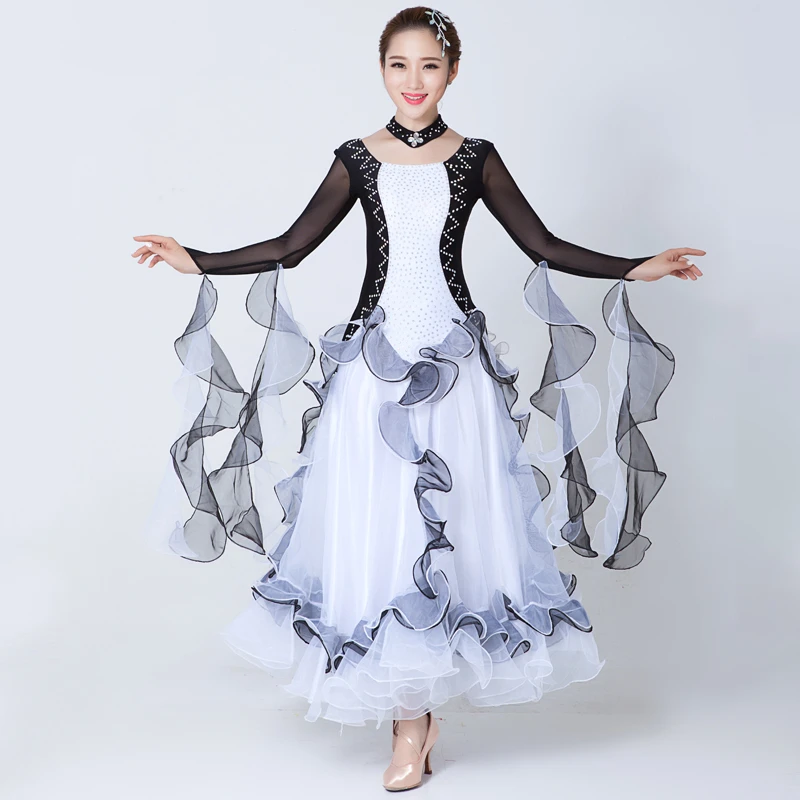 

New Women Black & White Big Swing Drill Standard Ballroom Dance Long Dress,Tango/Waltz/Foxtrot/Modern Stage Competition Costume