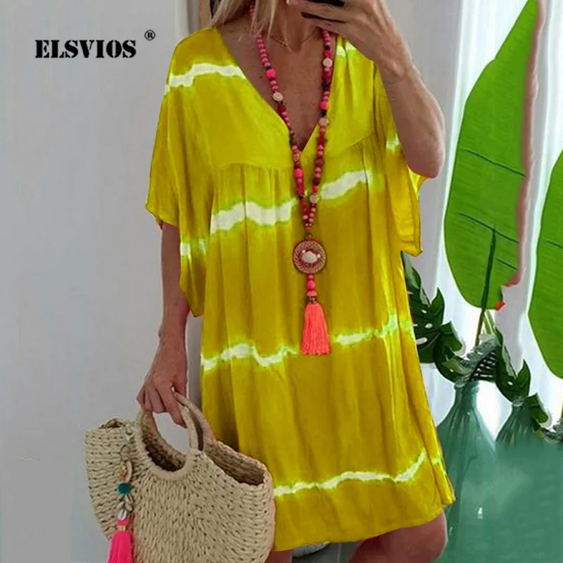 ELSVIOS 5XL женское летнее пляжное платье с принтом Свободное v образным вырезом и
