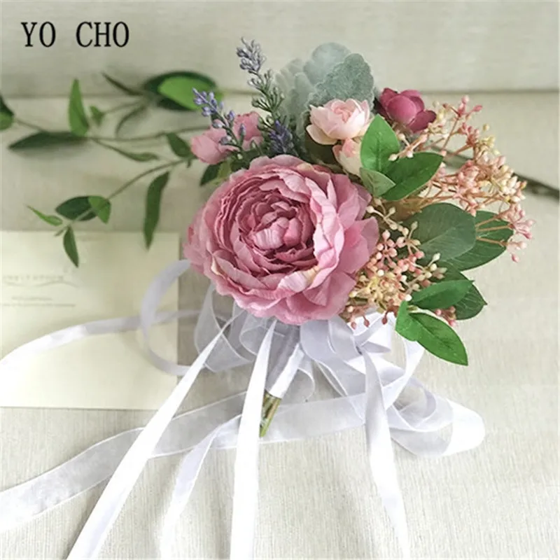 

YO CHO Chair Back Flowers Home Decoration Wedding Bouquet Party Peony Rose Greenery Satin Custom Made Elegant Bridesmaid Flower