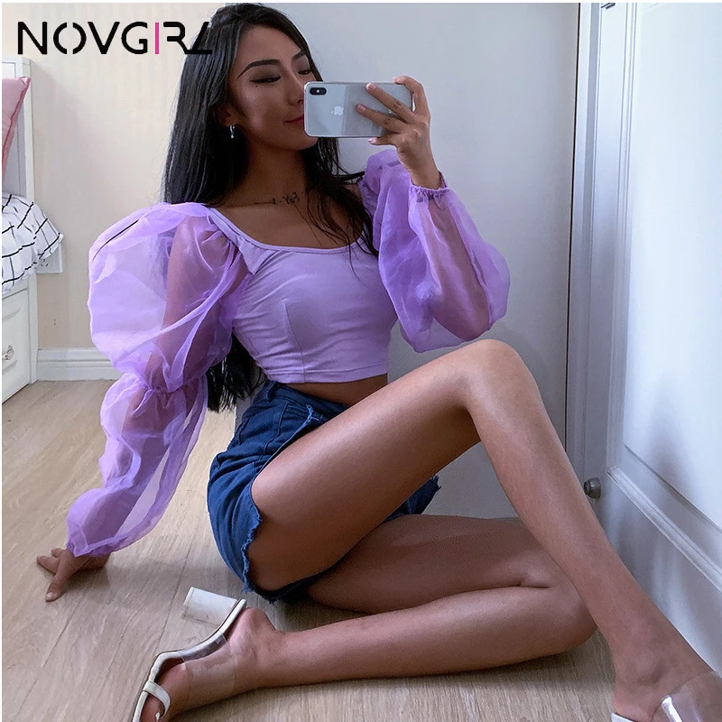 Сексуальная Сетчатая футболка Novgirl с длинным рукавом и открытым верхом модель 2019