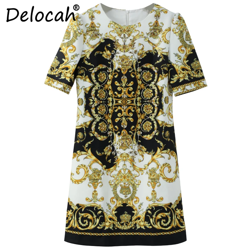 

Delocah Women Spring Summer Dress Runway Fashion Designer Short Sleeve Gorgeous Crystal Vintage Printed Slim A-Line Lady Dresses