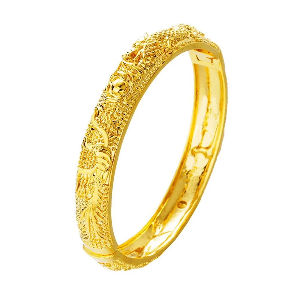 Luxury Phoenix Dragon Pattern Bangle Yellow Gold Filled Wedding Womens Bracelet Gift