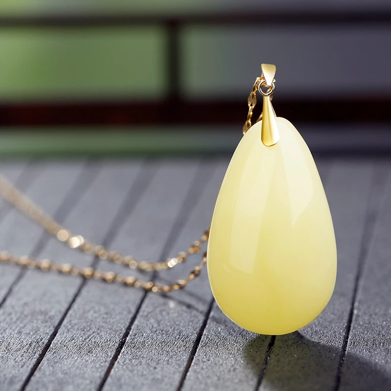 RINYIN природа Янтарное ожерелье с подвеской Капля воды Очарование чистое 18K желтое