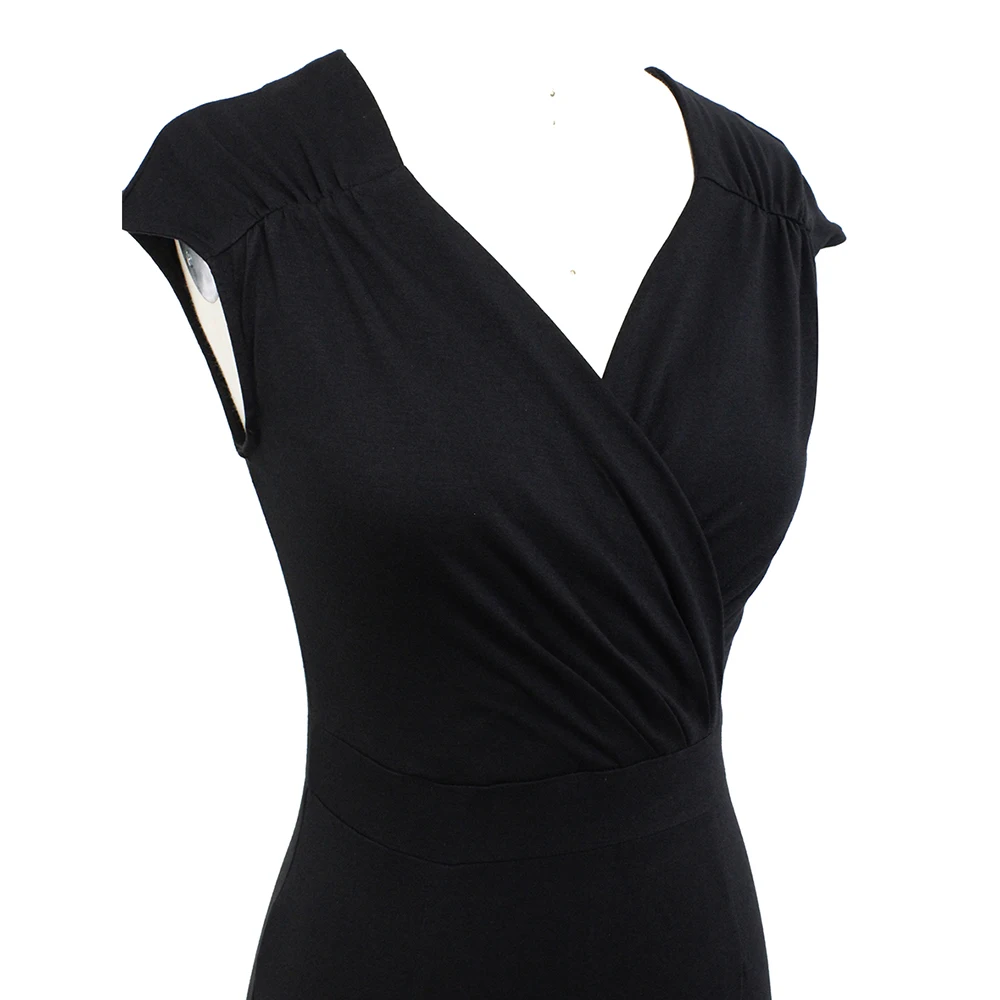 Berydress Винтаж Для женщин черный Обёрточная бумага платье Кепки рукава Ruched