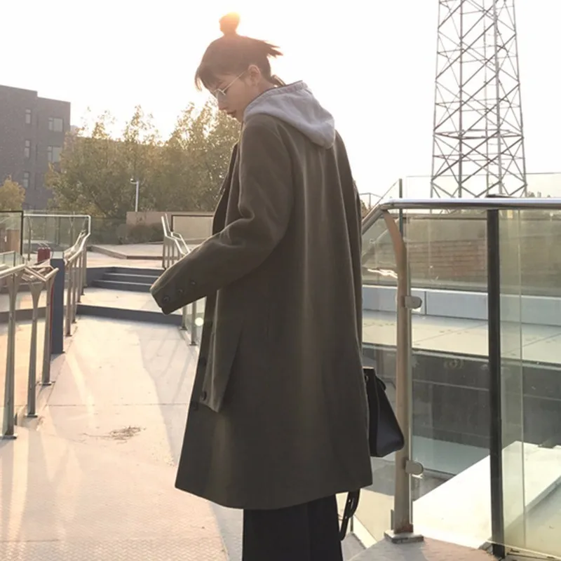 XIZIHUPAN Woolen Coat Female Long Sleeve Turn Down Collar Loose Thick Overcoat Button Solid Colour Top Fashion New Tide | Женская одежда