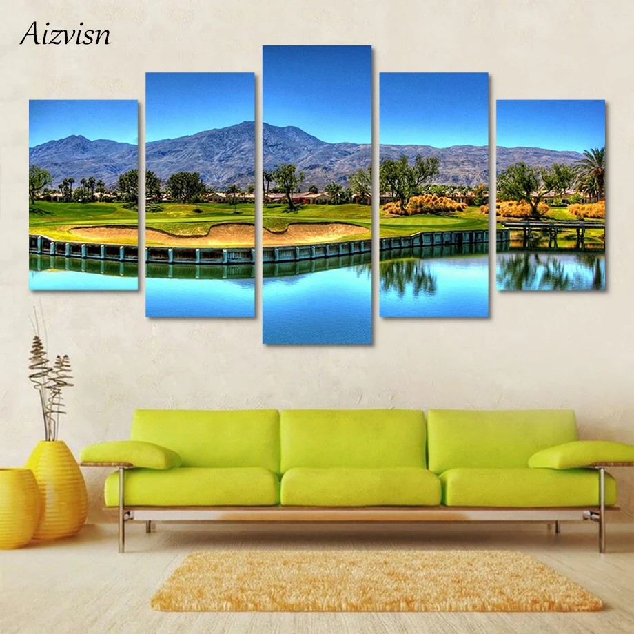 Aizvisn 5 Piece Mountain Golf Course Landscape Poster Modern Wall Art HD Printed Canvas Painting Home Decor Lake Pictures Framed | Дом и сад