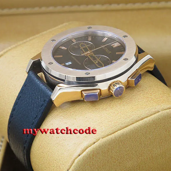 Кварцевые мужские часы parnis 44 мм с черным циферблатом золотой из нержавеющей