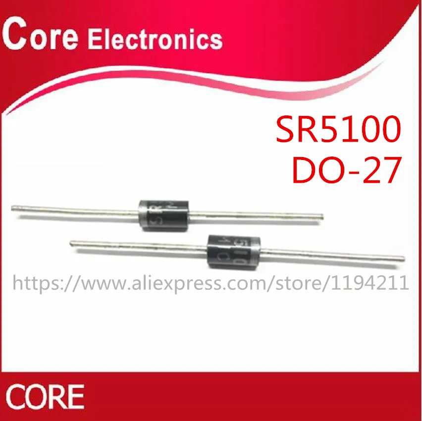 100 шт. диод Шоттки SR5100 5A/100 V DO-27 SB5100
