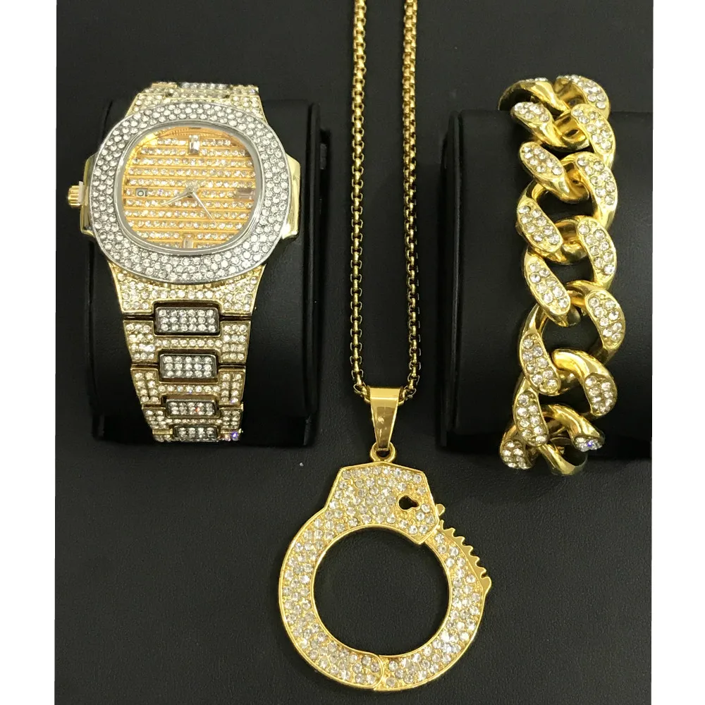 Мужские часы в стиле хип хоп ювелирные изделия браслет и ожерелье