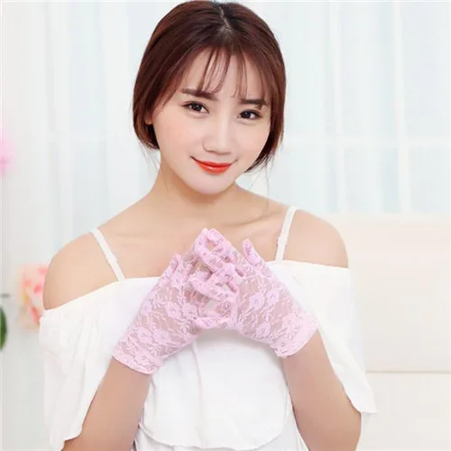 pink Сексуальные нарядные перчатки женские прозрачные кружевные цветочные перчатки женские полный палец солнцезащитные ажурные ганты Свадебные Вечерние - Цвет: pink