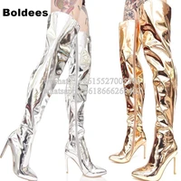 fashion bring patent mirror leather thigh high boots women pointed toe silvery gold color winter long boots