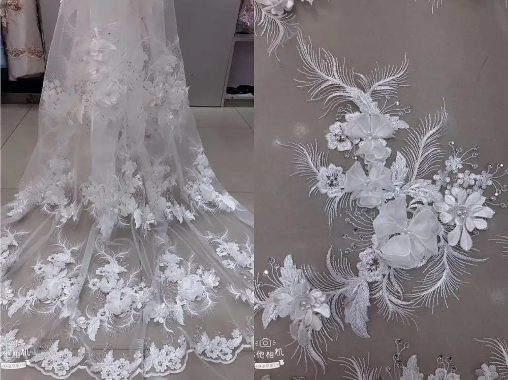 Светло-голубая Свадебная 3d Цветочная s ткань, тяжелая кружевная ткань из бисера с 3d цветком и стразами