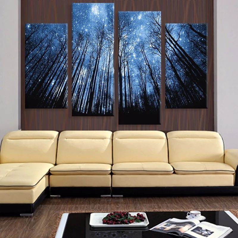 

night blue sky stars trees canvas painting 4 Panels Modern Wall Art 4 Piece Canvas Painting Prints Star Night Tall Tree Unframed