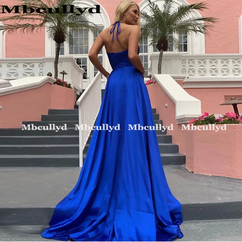 Mbcullyd ТРАПЕЦИЕВИДНОЕ ярко синее вечернее платье с высоким разрезом 2020 эластичное