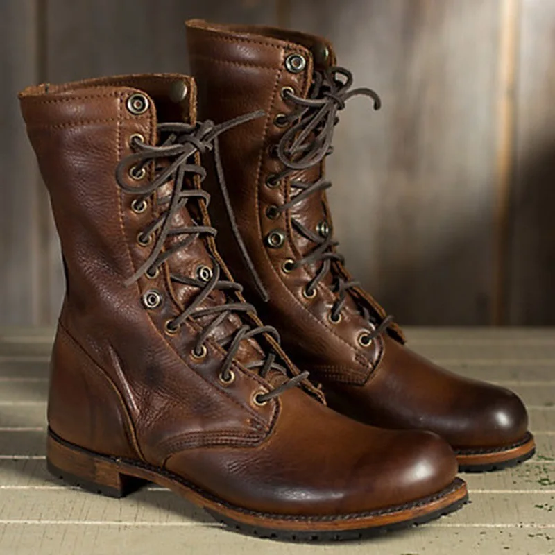 Retro Mens PU Leather Motorcycle Ankle Boots Military Lace Up Cowboy Punk Shoes Plus Over Size A59 | Обувь