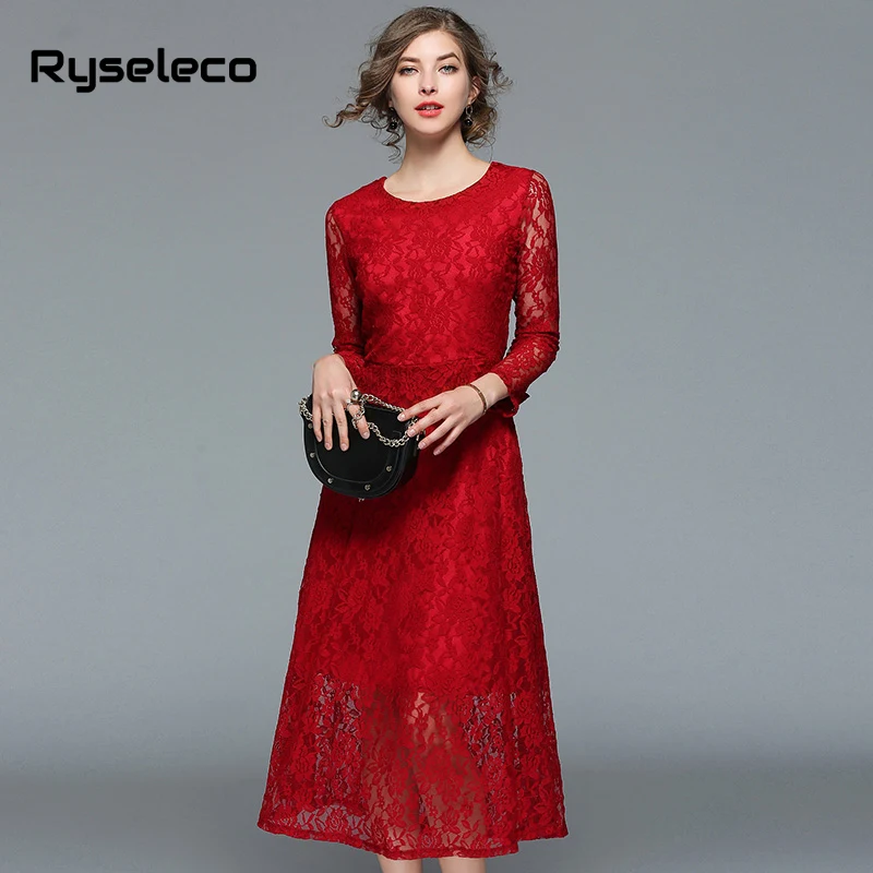 Ryseleco/осеннее модное платье из 2 предметов Красное Кружевное лоскутное тонкое