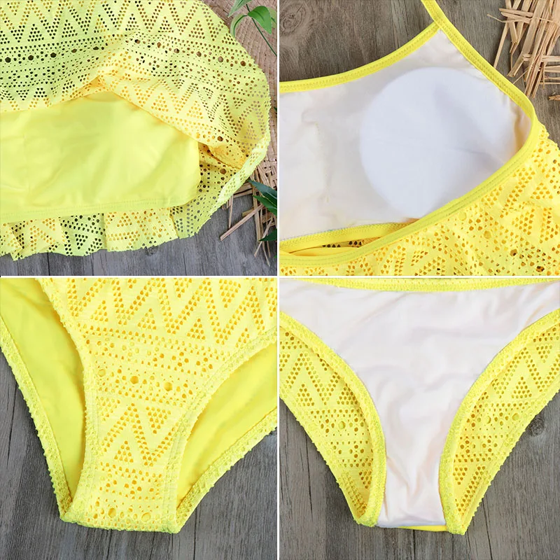 Женский комплект бикини с рюшами большого размера желтый кружевной сексуальный