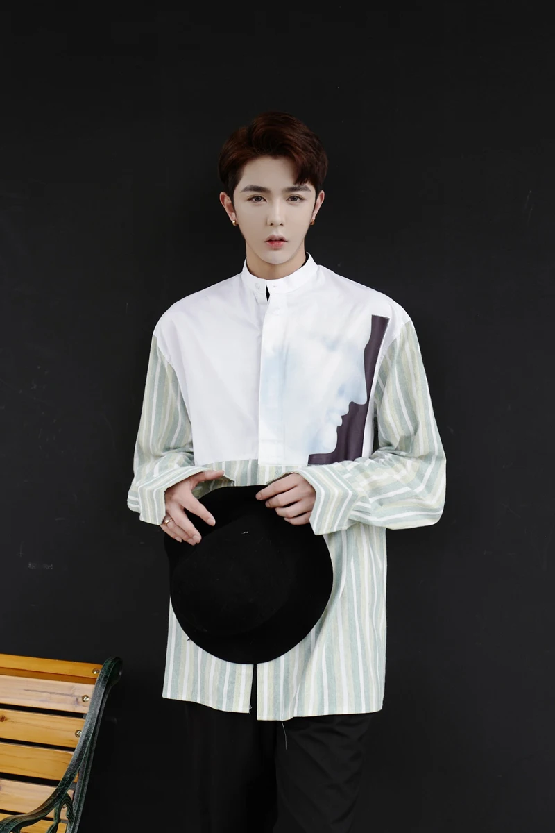 

Spring and autumn new stripes splicing the long sleeve shirt with long sleeves