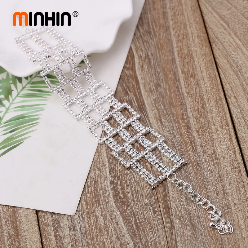 MINHIN Bracelet For Women Sparkling Rhinestone Mosaic Geometric Design Wide Hollow Bangles Wedding Jewelry | Украшения и