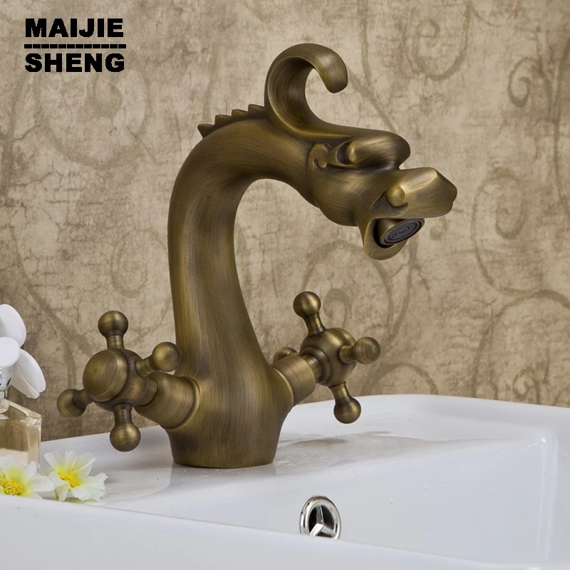 

Antique Brass Dragon faucet water mixer bathroom Faucet.Dual clawfoot handle Wash basin faucet art faucet