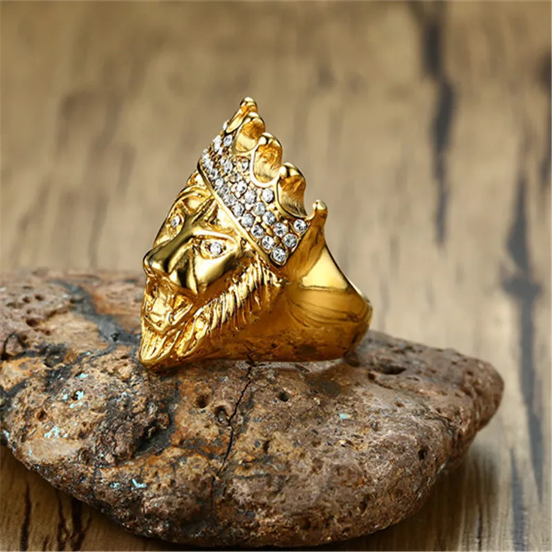 HIP HOP Punk Jewelry Stainless Steel Rhinestone Crown Lion Head Gold Ring For men | Украшения и аксессуары
