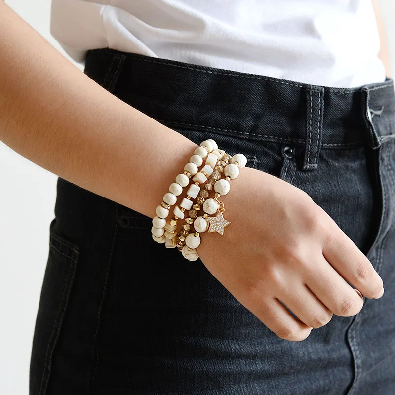 

BOJIU 4 Pcs/set Boho Natural Stone Charm Bracelets For Women Trendy Faceted Turquoises Crystal Round Wood Bead Bracelet BCSET141